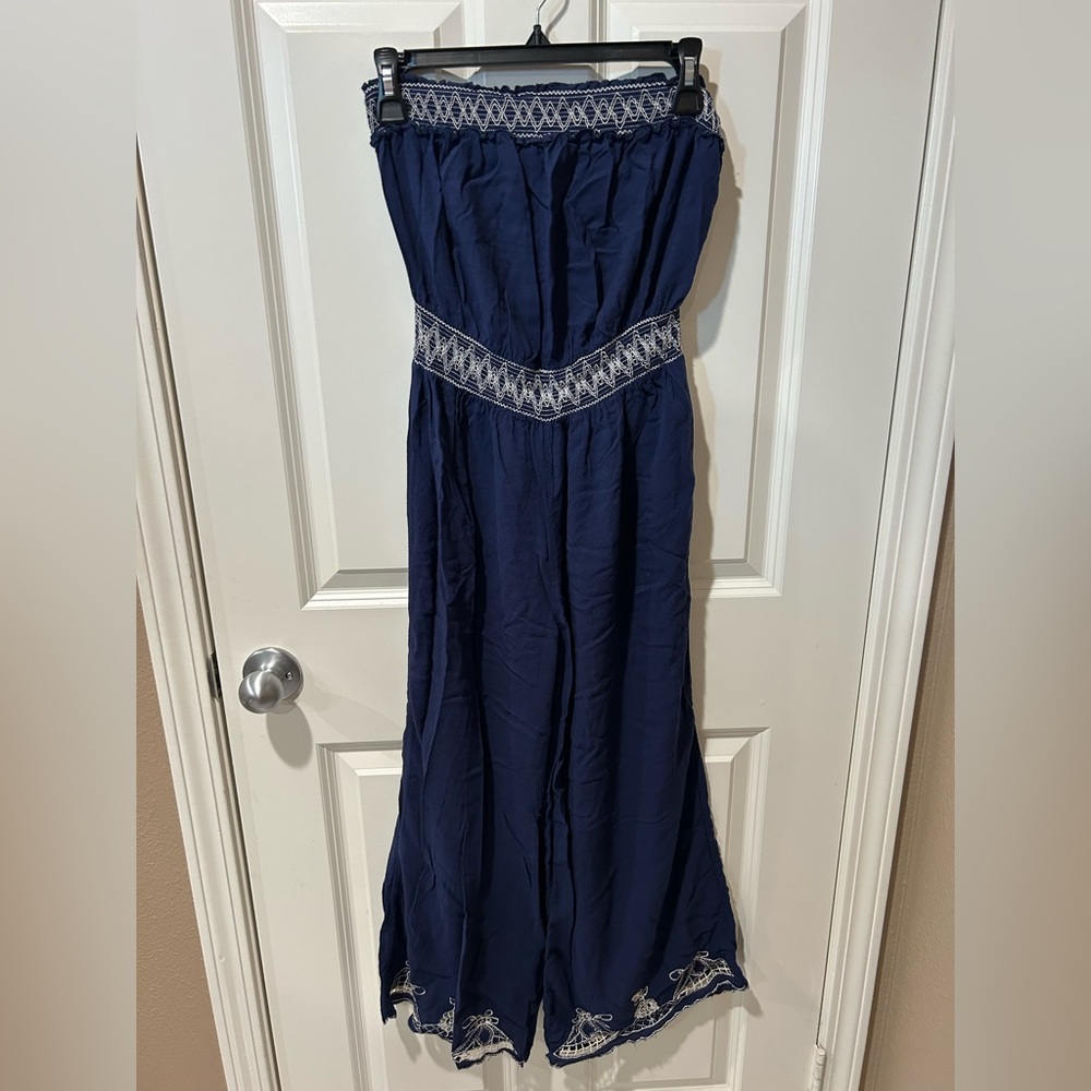 Pinky Strapless romper pant overalls navy blue with Embroidered Details